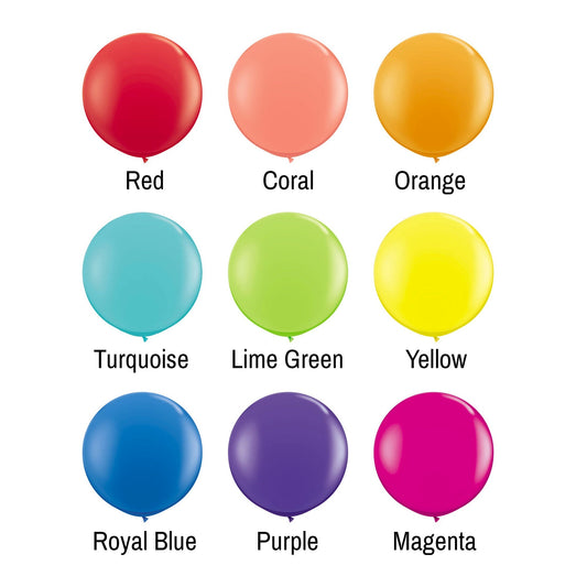 Balloon color swatches: red, coral, orange, turquoise, lime green, yellow, royal blue, purple.