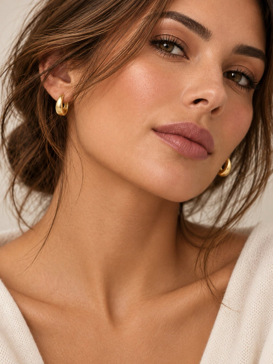 Gold-filled teardrop hoop earrings on ear, small glossy gold teardrop profile