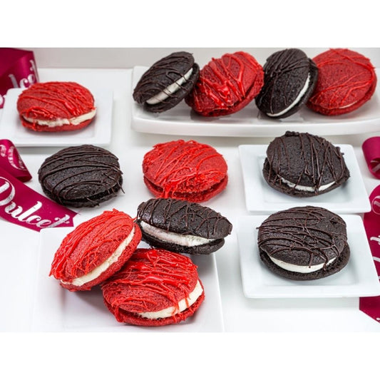 Chocolate and red velvet whoopie pies on white tray, assorted flavors