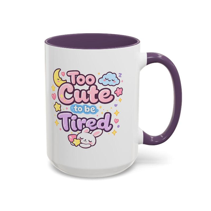 Kawaii bunny mug, white ceramic with purple rim and handle; front print with bunny and stars