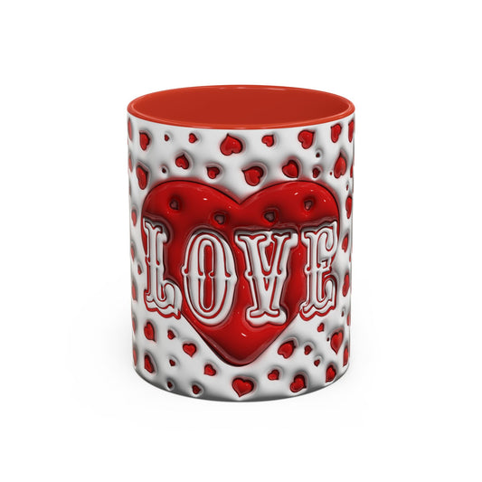 Accent coffee mug with red heart pattern and LOVE lettering, red interior