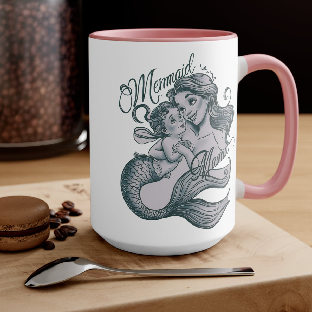 Mermaid Mama Accent Mug – Mother & Baby Mermaid Illustration | Pink Accent | 11oz & 15oz | Mermaid Mom Gift