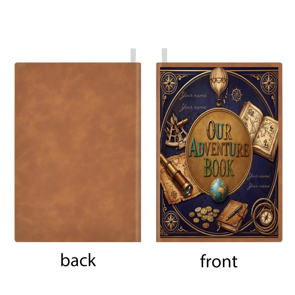 Navy adventure notebook with brown back cover shown side-by-side