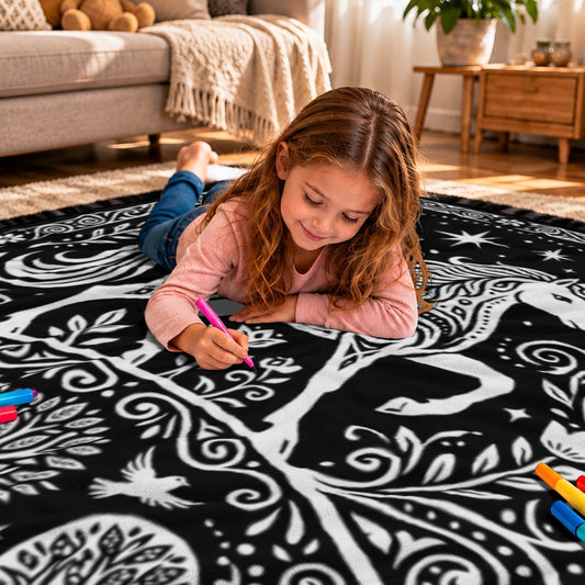 Kids coloring on a black unicorn doodle blanket with fabric markers