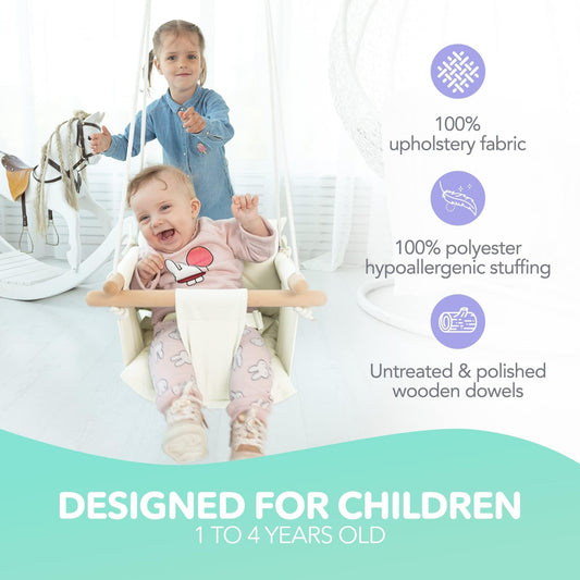 White canvas baby hanging swing with wooden dowels and two children sitting