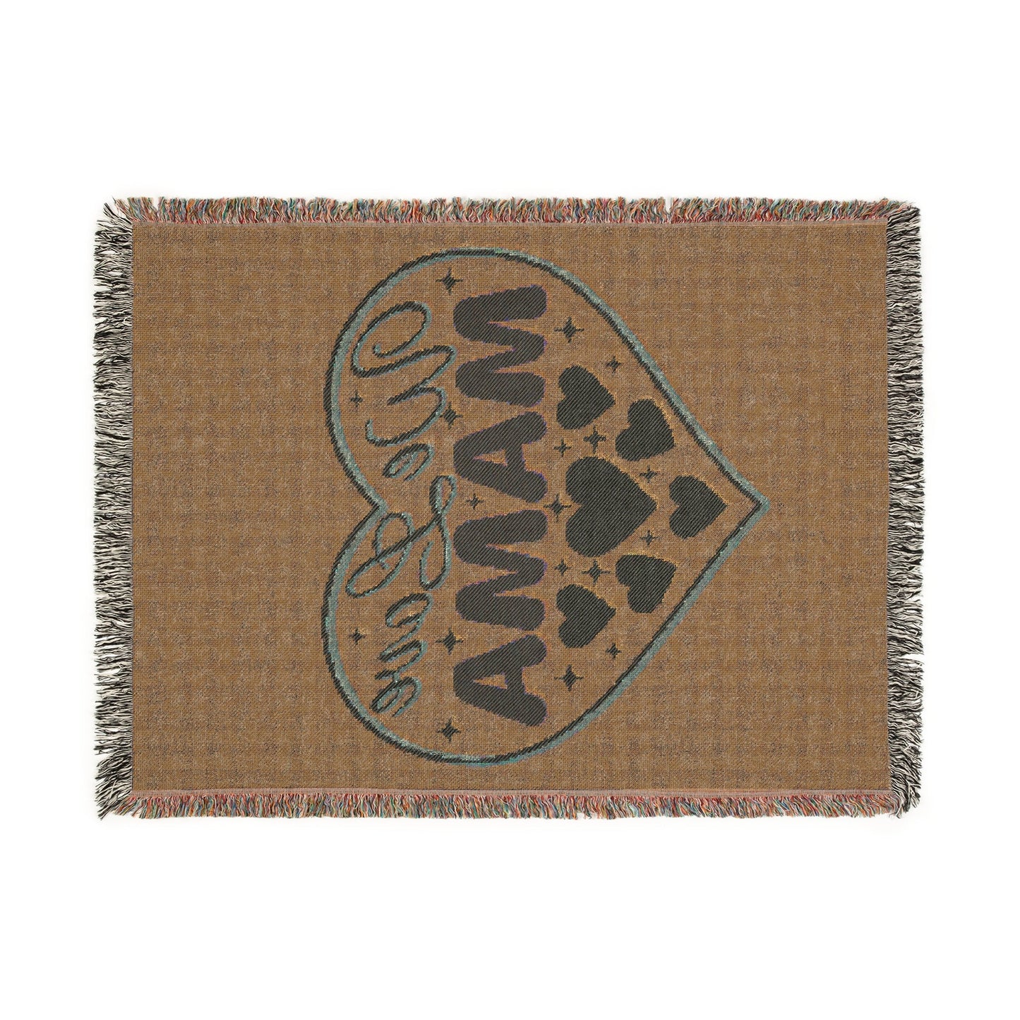 We Love Mama Woven Cotton Blanket – Retro Boho Heart Design | 100% Cotton with Fringed Edges | 3 Sizes | Mother’s Day Gift for Mama