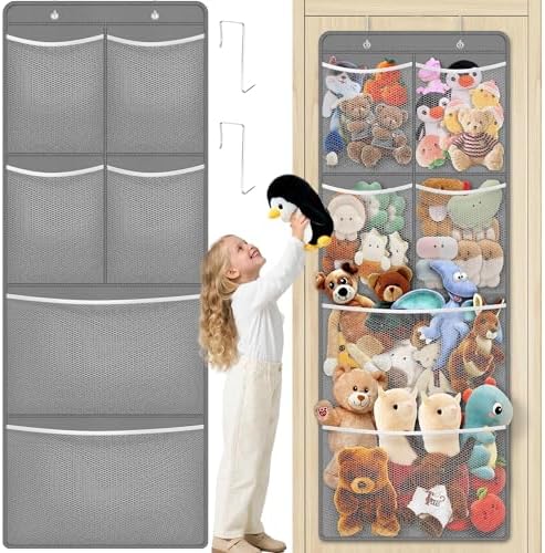 Over the Door Stuffed Animal Storage Organizer – 6 Large Expandable Mesh Pockets & Metal Hooks | Nursery, Bedroom & Playroom | Grey, Black, White
