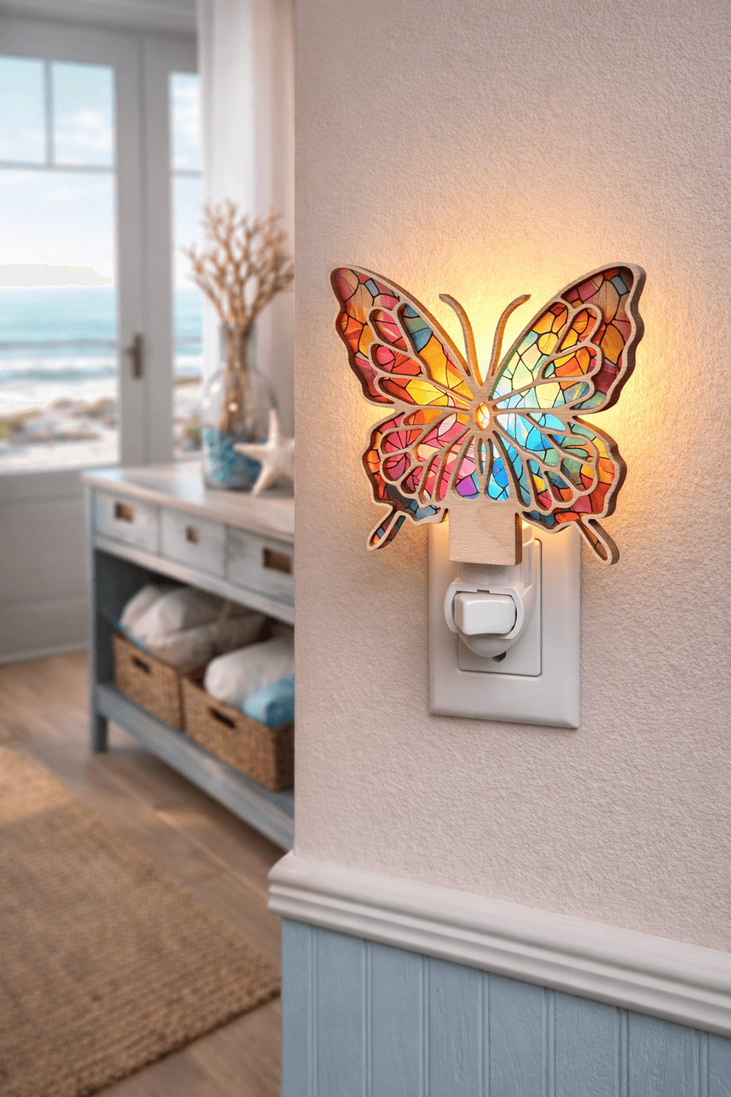 Butterfly wood LED night light on wall with glowing multicolor butterfly and plug
