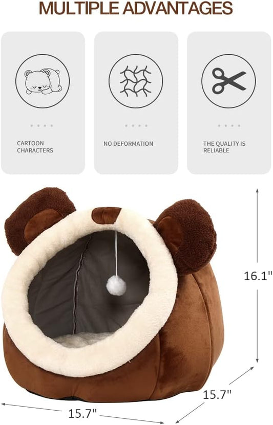 Brown cat bed cave with bear ears, plush rim and hanging ball, dimensions shown