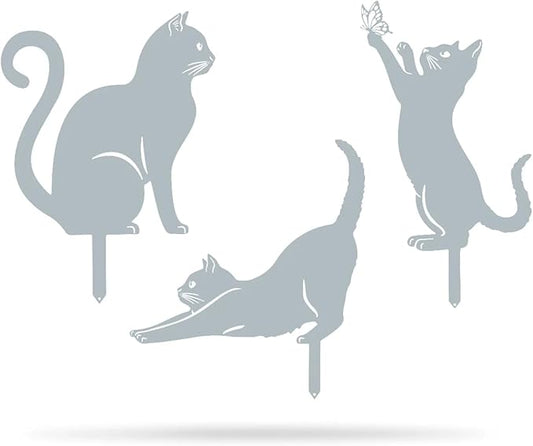 3-Piece Textured Silver Steel Cat Garden Statue Set - Mom Cat and Kittens Yard Art with Ground Stakes for Lawn, Flower Beds, and Patio