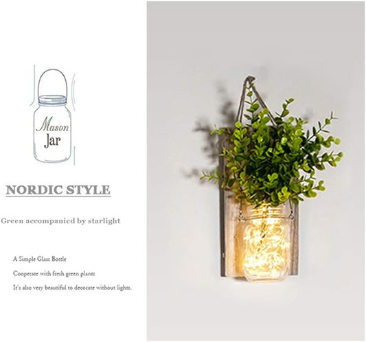 Mason Jar Wall Sconces – 2 Pack | LED Fairy Lights & Green Fake Plants | Rustic Farmhouse Wood Wall Decor | Living Room Bedroom Kitchen