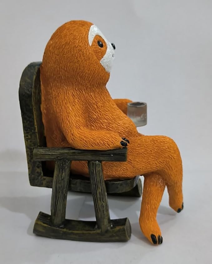 Solar light sloth garden figurine sitting on dark chair, holding a small cup.