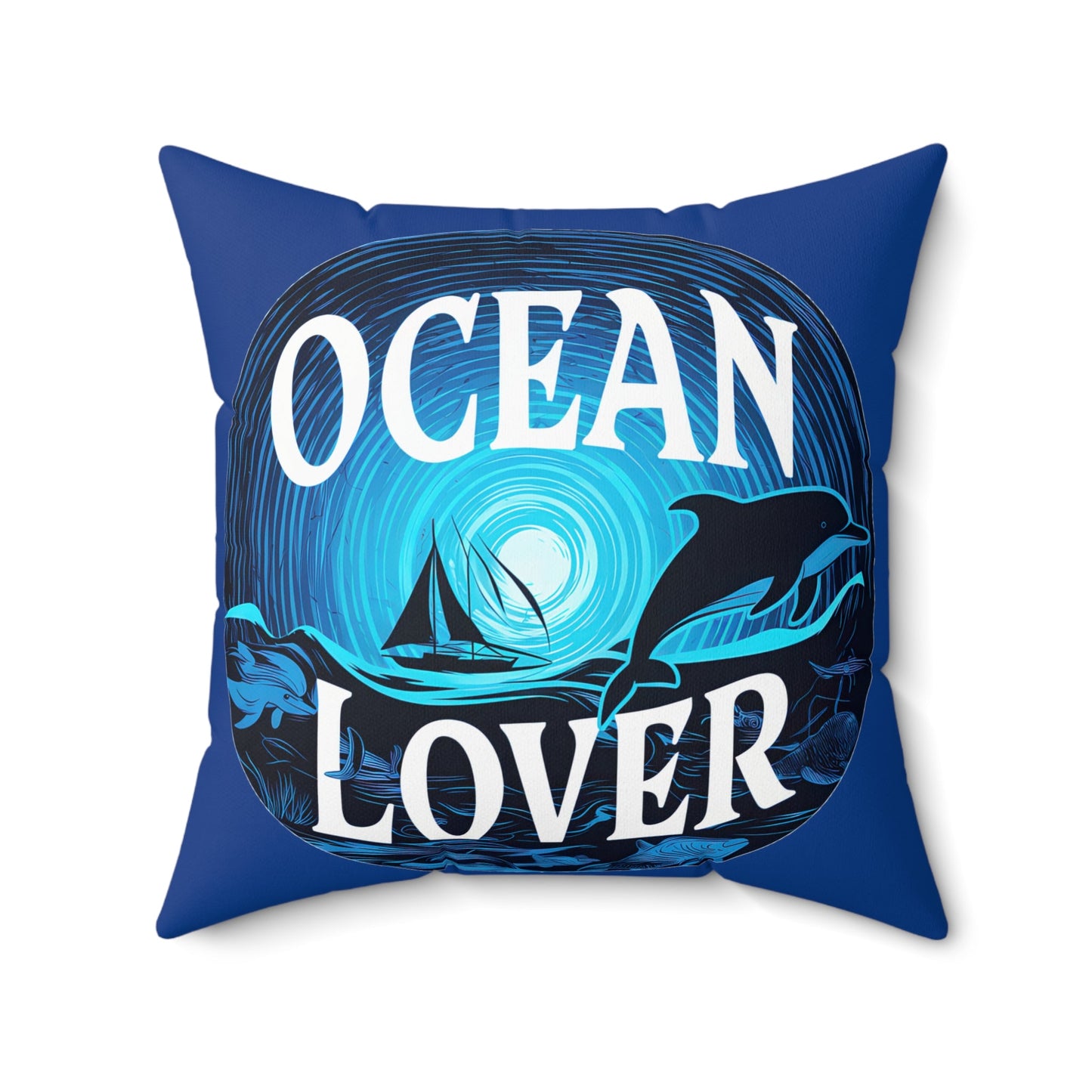 Ocean Lover Throw Pillow – Dolphins, Sailboat & Moonlit Sea Art | Deep Blue Faux Suede | Double-Sided Print | 4 Sizes | Coastal Home Decor Gift