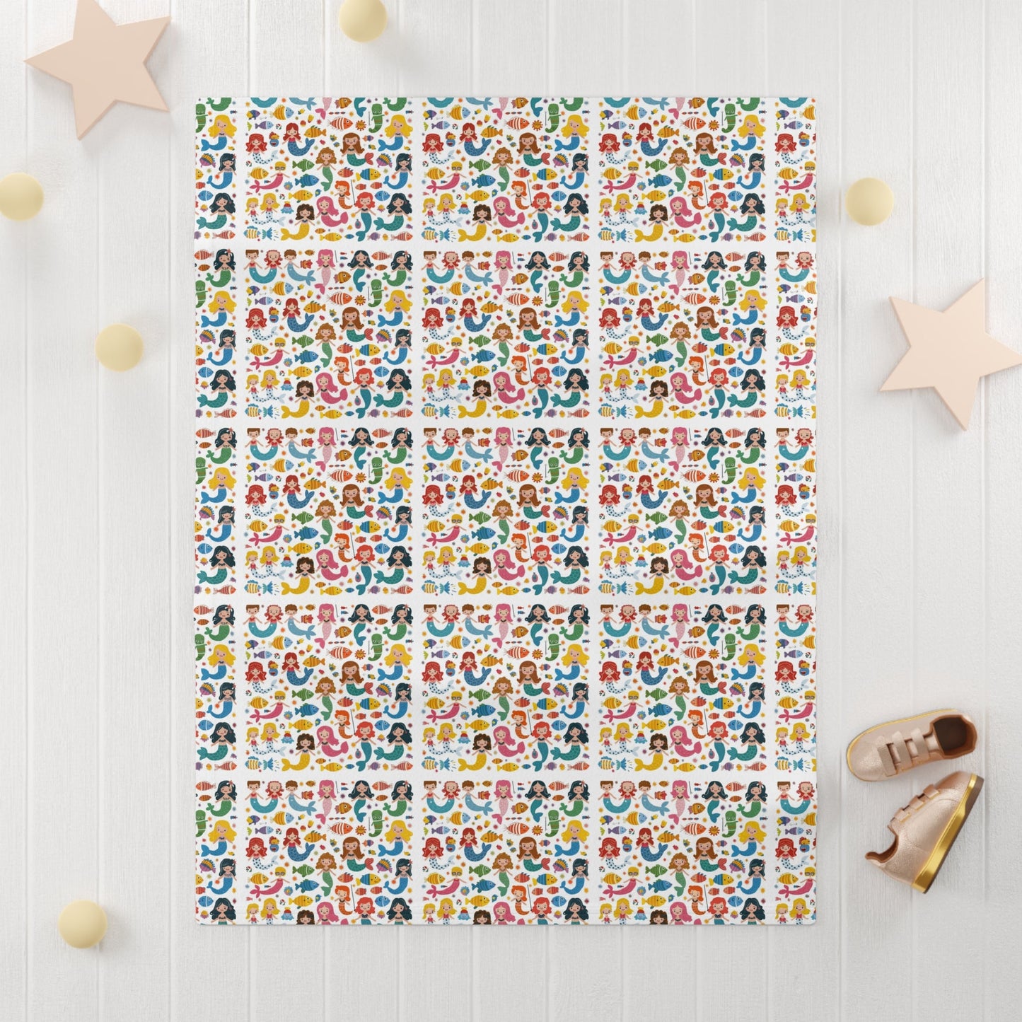 Mermaid Baby Blanket Soft Fleece – Colourful Little Mermaids & Tropical Fish All-Over Pattern | 30” × 40” | Baby Shower Newborn Nursery Gift
