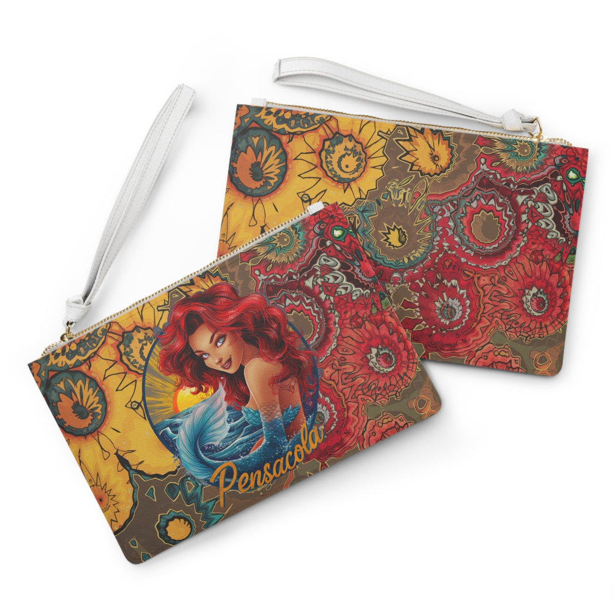 Pensacola Mermaid Clutch Bag - Boho Mandala Mermaid Wristlet Clutch in Saffiano PU Leather, Mermaid Gift and Pensacola Souvenir for Her