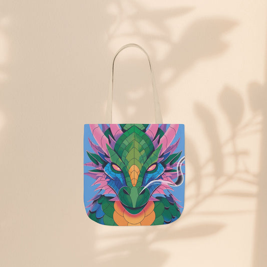 Dragon canvas tote bag with colorful artwork and light gray straps