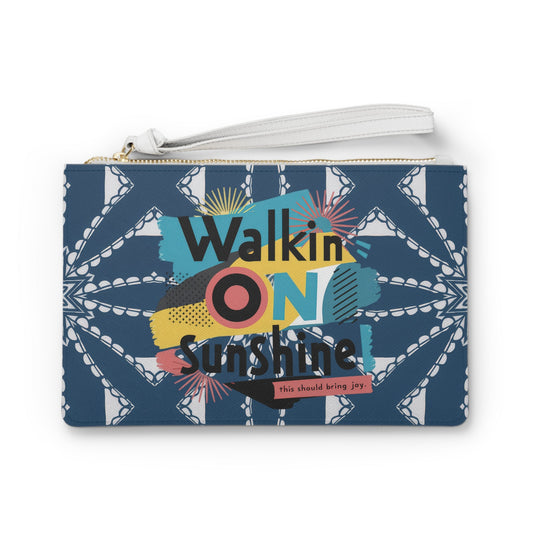Walkin' On Sunshine Clutch Bag - Bold Retro Memphis Graphic Wristlet in Navy Blue with Chain Lattice Pattern, Sunshine Positivity Gift for Her