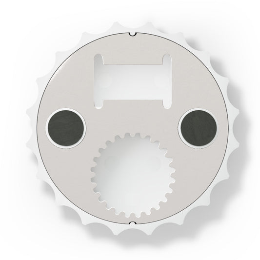 White back of Gemini zodiac bottle opener with circular grips and serrated teeth