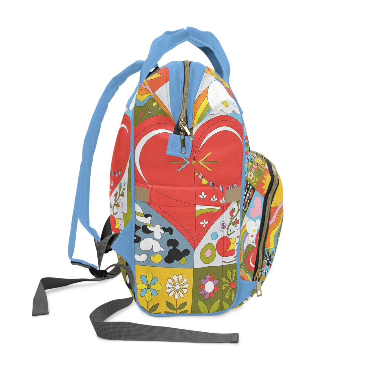 Heart Quilt Diaper Backpack - Retro 70s Patchwork Baby Bag with Hearts and Rainbows, Padded Nylon Baby Shower Gift