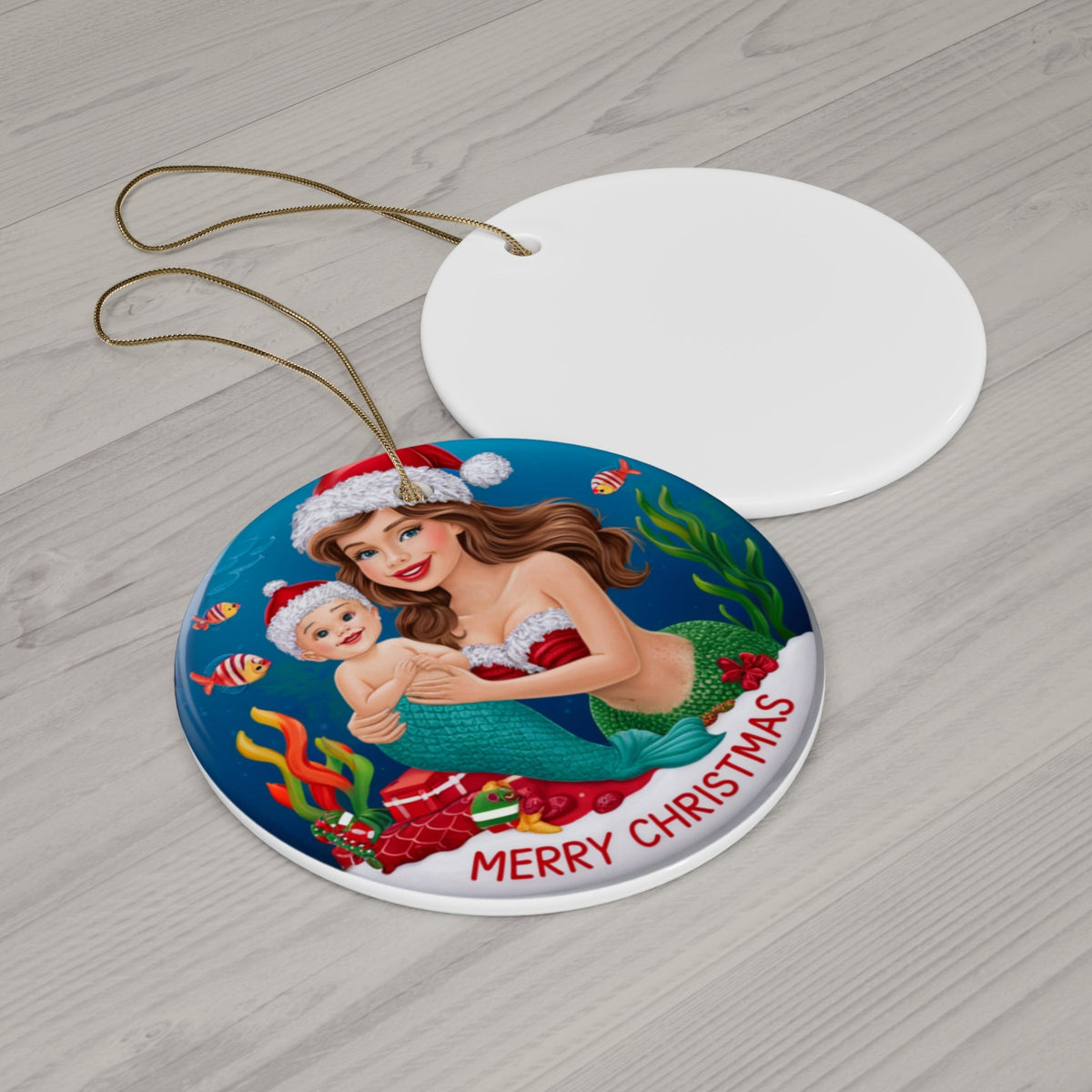 Mermaid Mom Christmas Ceramic Ornament – Mermaid Mama & Baby in Santa Hats Underwater Scene | 2.76” Circle | Glossy Finish | Gold Hanging String
