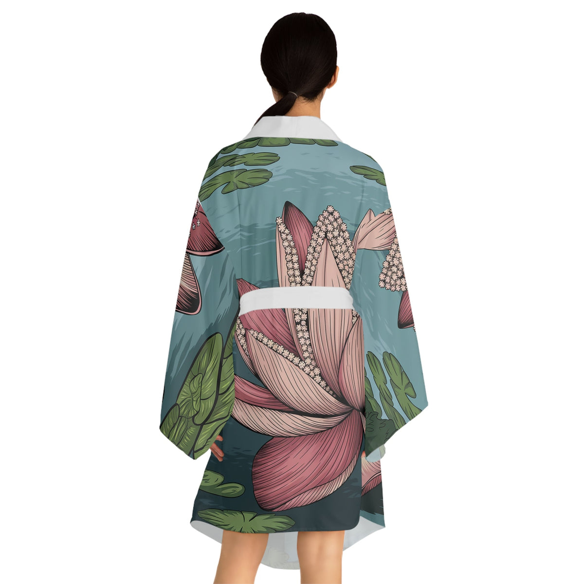 Lotus Blossom Kimono Robe - Long Sleeve Lotus Flower Wrap for Lounging, Spa Days, Meditation, and Resort Wear XS to 2XL