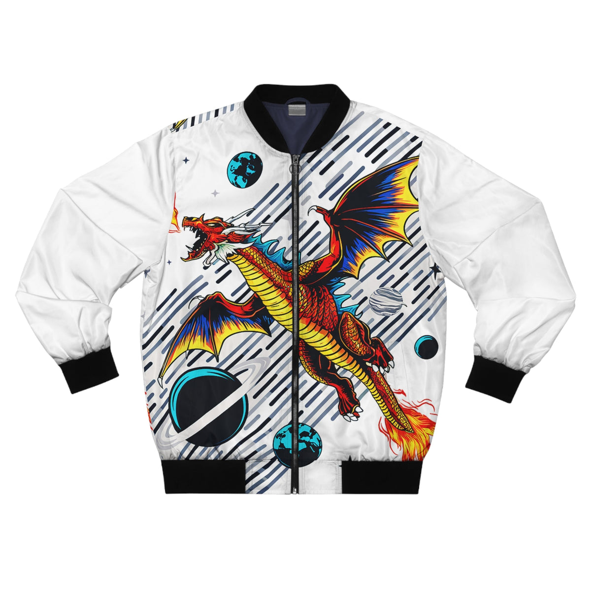 Galaxy Dragon Bomber Jacket - Red Dragon in Space Comic Art on White, Fantasy Streetwear for Men and Women XS to 5XL