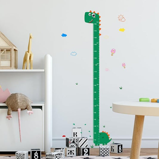 Dinosaur ruler growth chart wall decal with small clouds and stars
