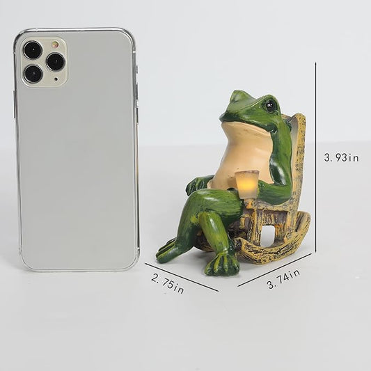 Mini Frog Garden Statue with Solar Coffee Cup Light - Resin Outdoor Decor