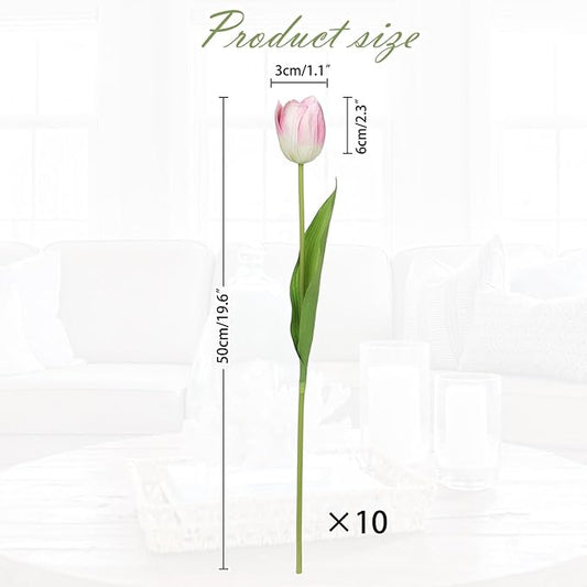 Single pink faux tulip stem with green leaves