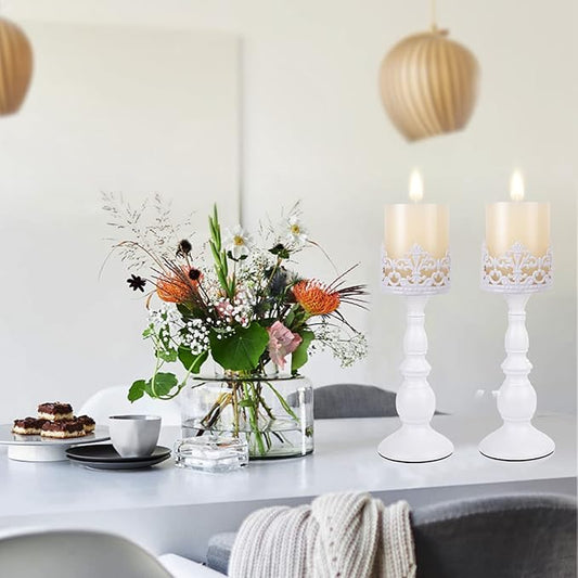 White pillar candle holders set of 2 with ornate cutout band and fluted pedestal