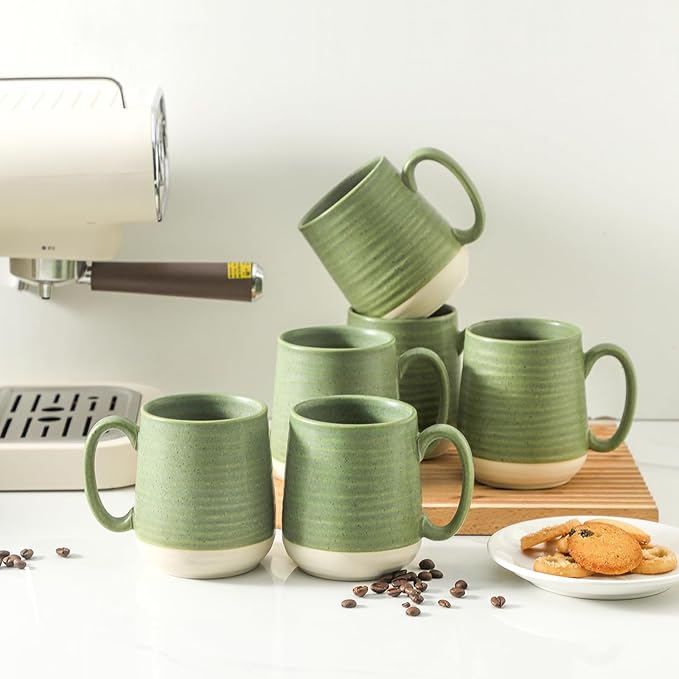 Green Porcelain Coffee Mugs – Set of 6 | 15oz Classic Two-Tone Glaze | Cool-Grip Handle | Freezer, Dishwasher & Microwave Safe
