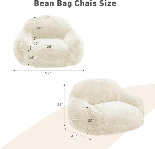Oversized Cream Plush Faux Fur Memory Foam Bean Bag Chair with Armrests - Giant Cloud Lounge Chair for Adults
