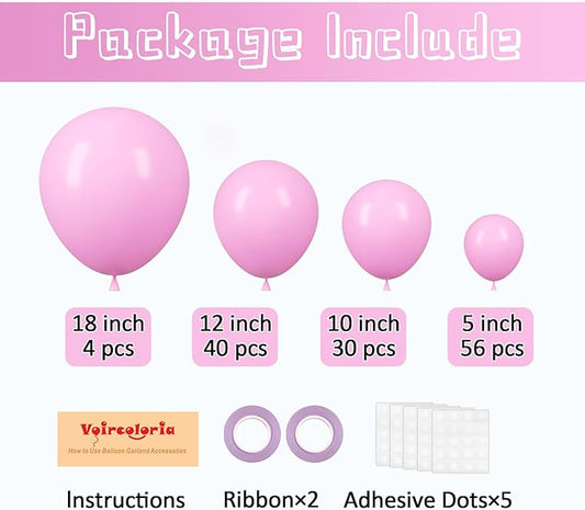 Pink Balloon Garland Kit – 130pcs | 4 Sizes 5" 10" 12" 18" Natural Latex | Birthday Baby Shower Wedding Bachelorette Party Decorations