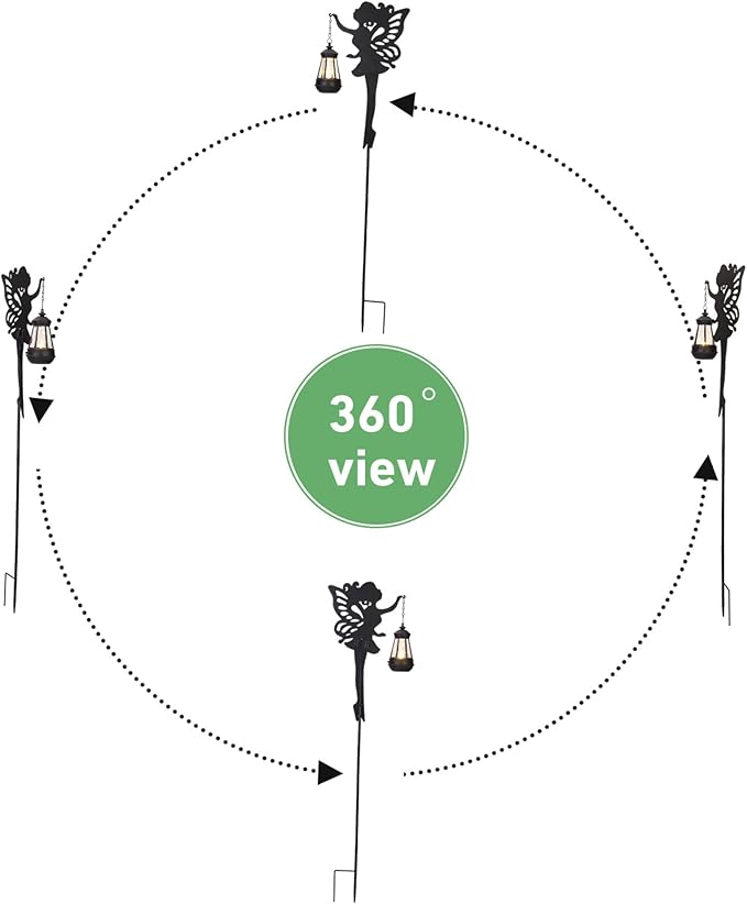 Black metal fairy stake solar lanterns positioned for 360-degree viewing angle