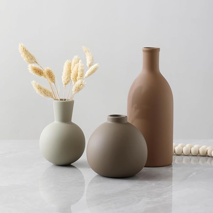 Ceramic vase set of 3, matte cream, light tan, and dark brown decorative vases