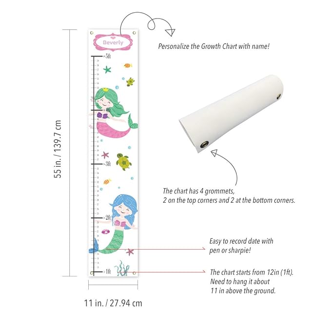 Personalized Mermaid Growth Chart for Kids – Canvas with Name | 55" x 11" | Measures 1ft–5ft | Made in USA | Kids Room Decor & Gift