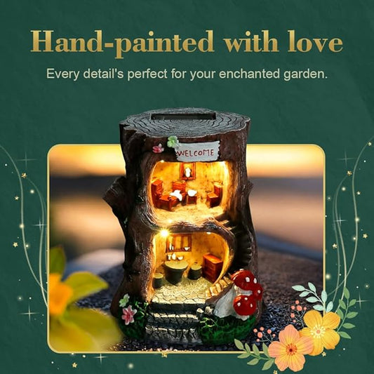 Fairy garden house ornament showing warm yellow solar light glow and “WELCOME” sign on top