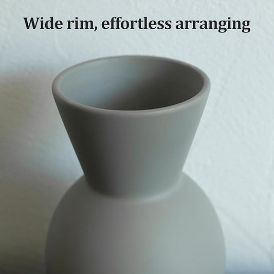 Matte ceramic vase with wide rim in light gray