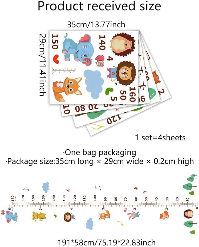 Vinyl wall decal set of 4 sheets with animal growth chart measuring ruler