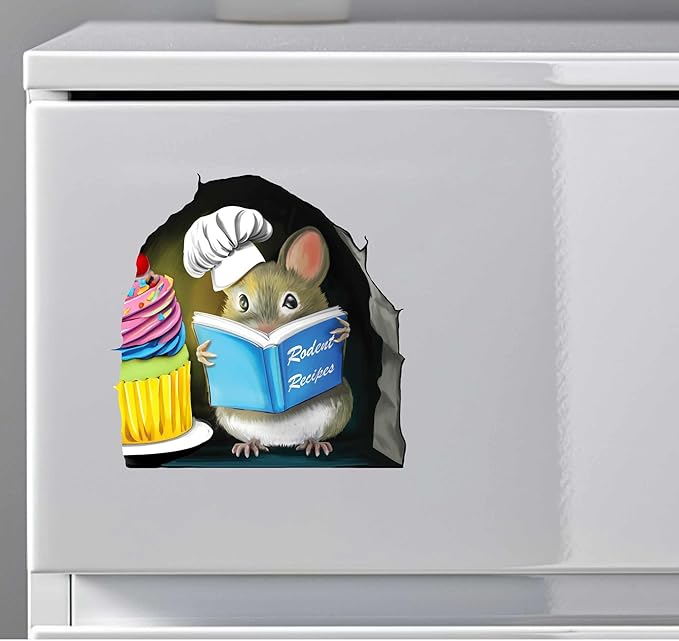 Mouse reading book wall sticker decal with cupcake, blue book centered on white surface