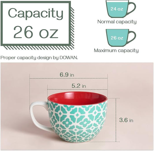 Ceramic coffee mug with teal lattice pattern and red interior, white handle, 24 oz size shown