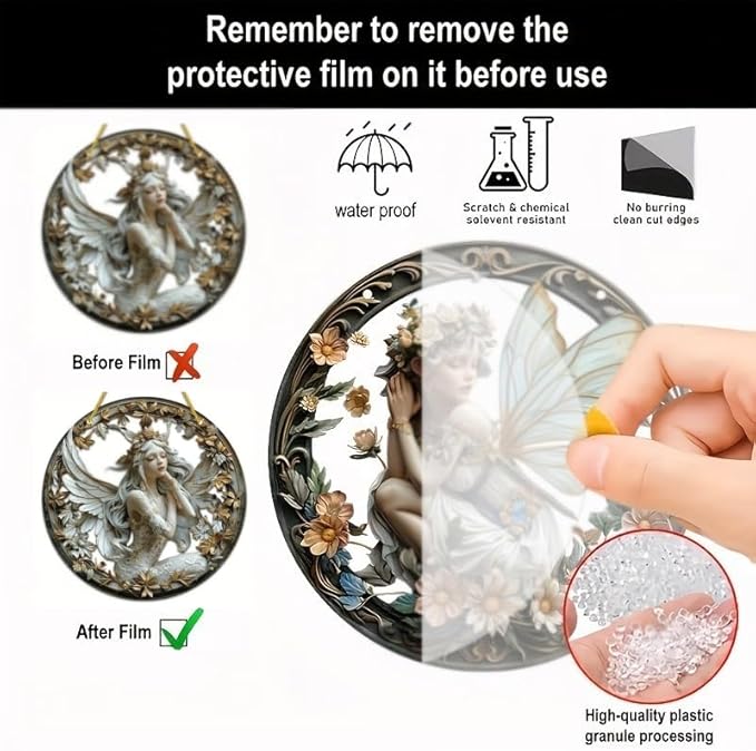 A hand peels protective film from a round fairy ornament