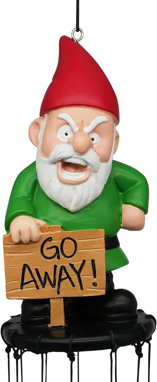 Garden gnome wind chime: red-hat gnome holding GO AWAY! sign, stainless tubes