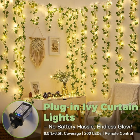 Ivy Vine Fairy Lights – 6.5ft x 6.5ft 200 LED Warm White | Pre-Strung Leaf Curtain Lights | Remote Timer Dimmer | Bedroom Dorm Wedding Party Wall Decor