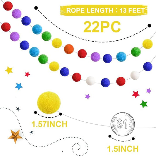 Multicolor felt pom-pom garland with round fuzzy balls on a looped rope