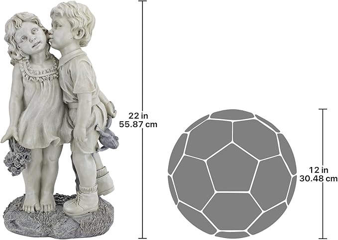 Young Sweethearts Kissing Children Garden Statue - Hand-Cast Crushed Stone Resin Outdoor Sculpture