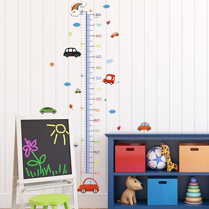 Cartoon car vinyl growth chart decal with numbered height ruler, cars, clouds, and hearts
