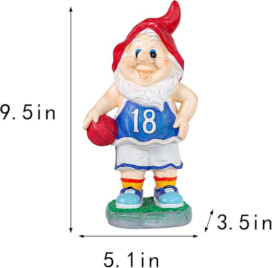 Front-view basketball gnome resin statue with red hat, blue jersey, holding ball, number 18