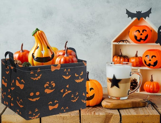 Halloween trick-or-treat basket organizer, black with orange pumpkin and bat prints, fabric sides