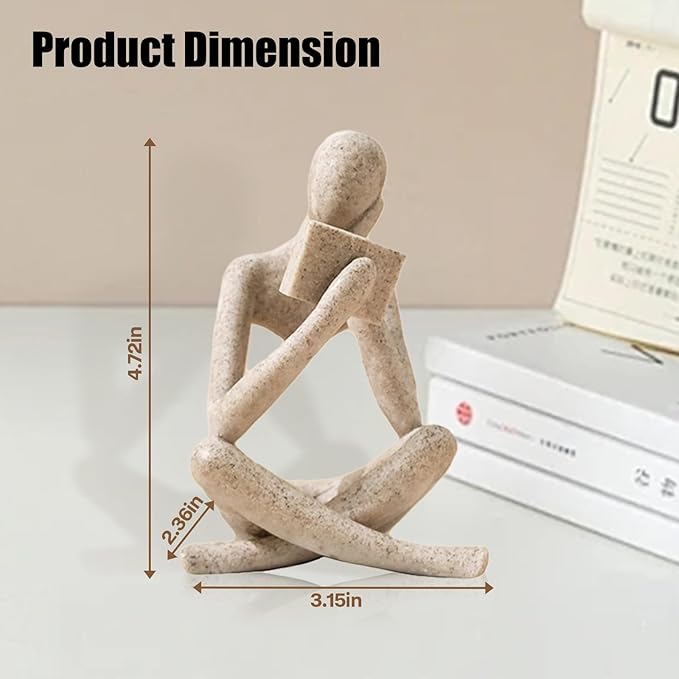 Beige resin reading thinker bookend statue, seated reading pose with measured proportions